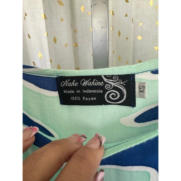 Nahe Wahine Hawaiian Watercolor Batik Mint Blue Flowy Cold Shoulder Blouse XS - Picture 5 of 6